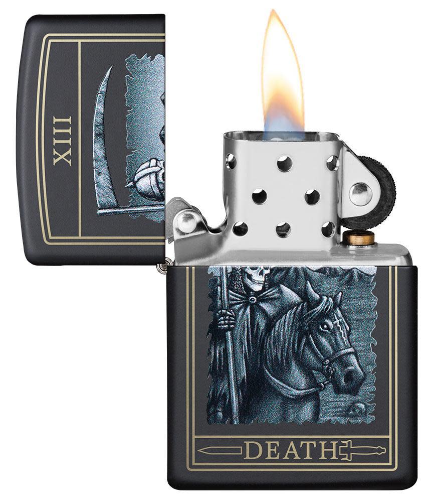 Front view of the Death Card Design Lighter open and lit